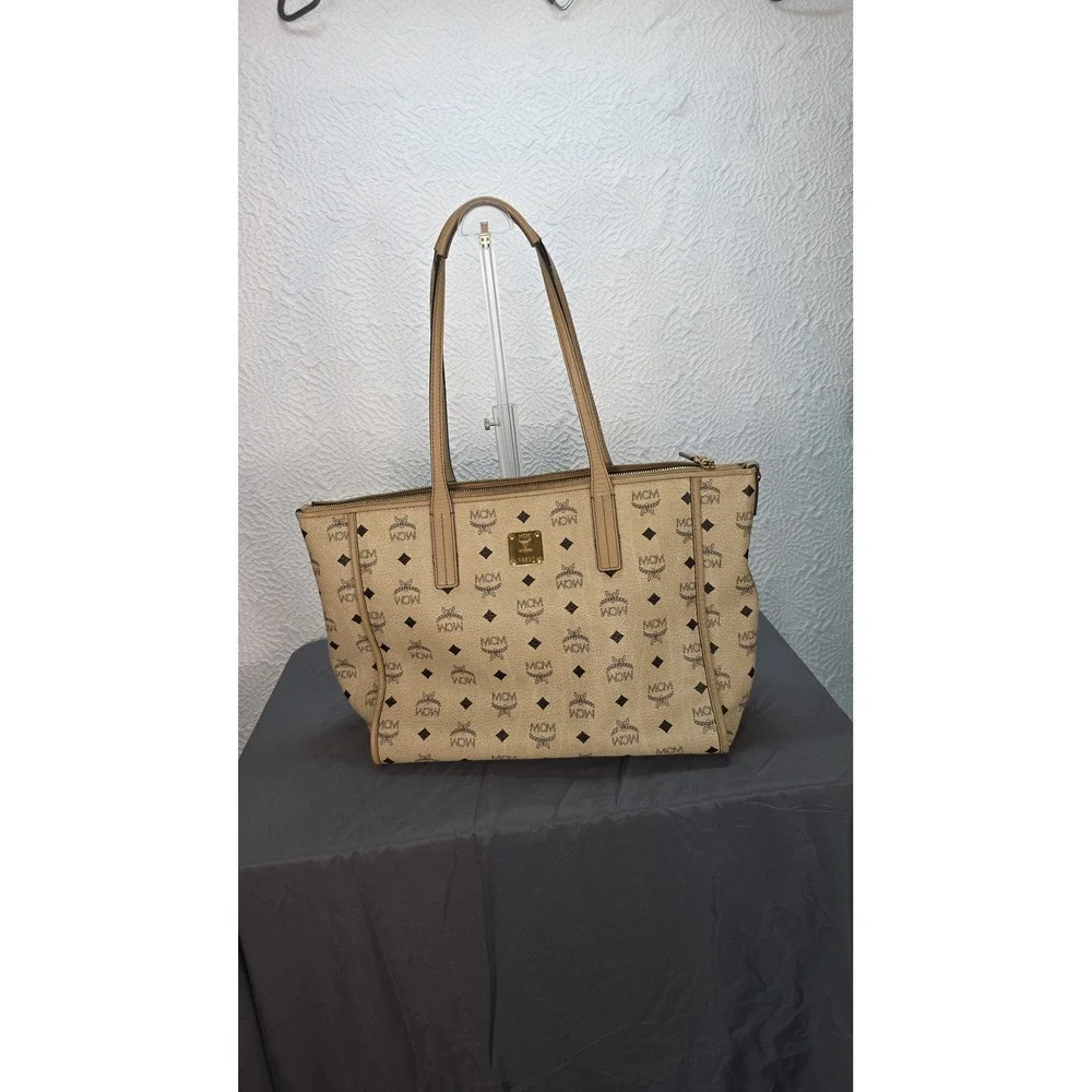 MCM Anya Top Zip Medium Shopper Women Medium Beige Good COA‎ Visetos Tote Bag
